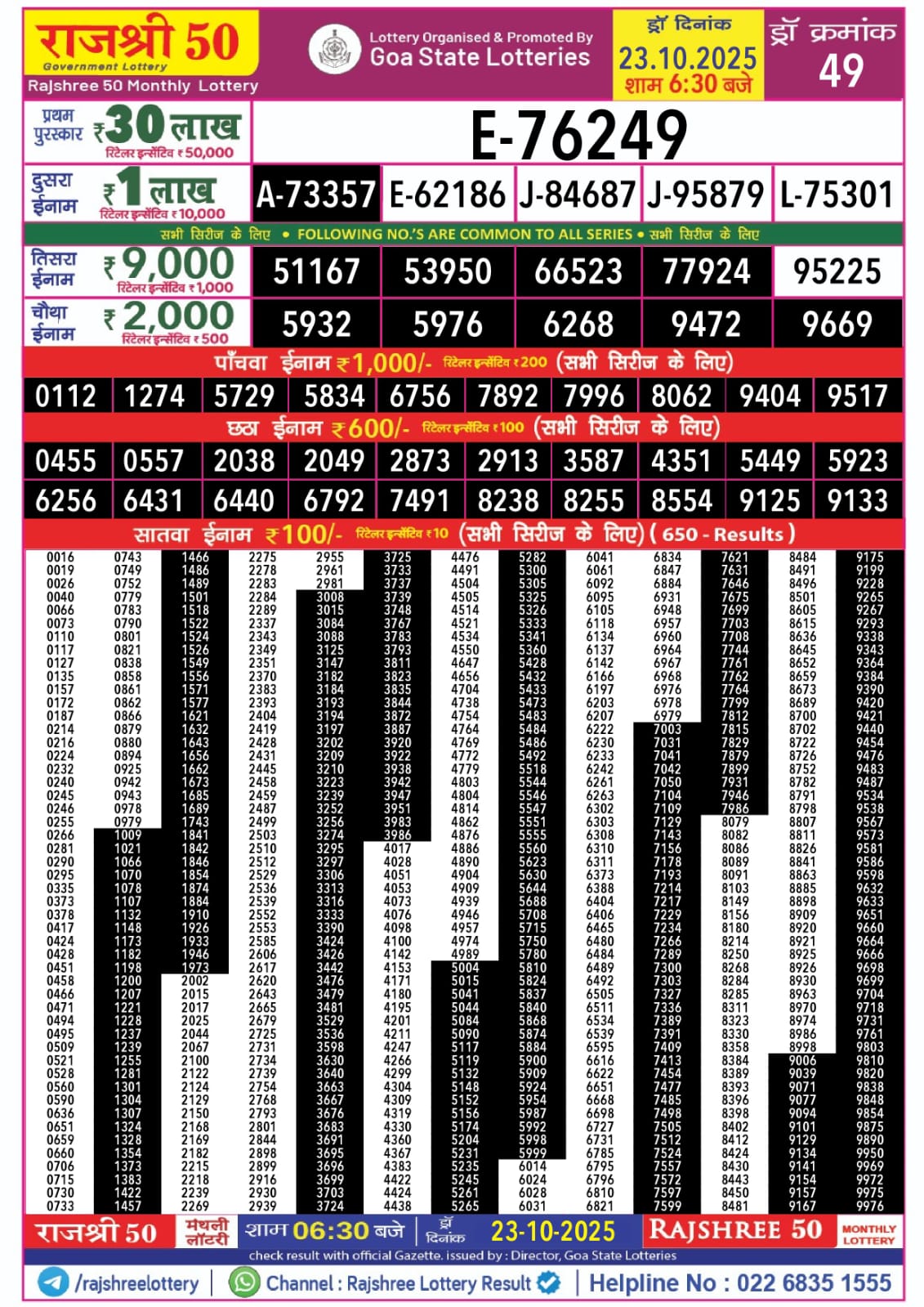 Rajshree 50 Monthly Lottery Result 23.10.2025 Today Lottery Sambad