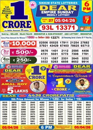 Sikkim State Lottery Dear Daily 6pm Result 05.04.2026 Today Lottery Sambad