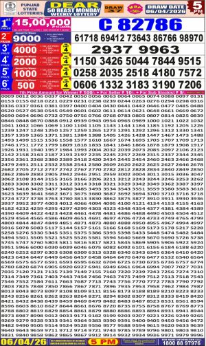 Punjab State Dear 50 Monday Weekly Lottery 5:00 PM Result 06.04.2026 Today Lottery Sambad