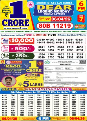 Sikkim State Lottery Dear Daily 6pm Result 06.04.2026 Today Lottery Sambad