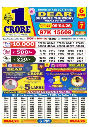 Sikkim State Lottery Dear Daily 6pm Result 09.04.2026 Today Lottery Sambad