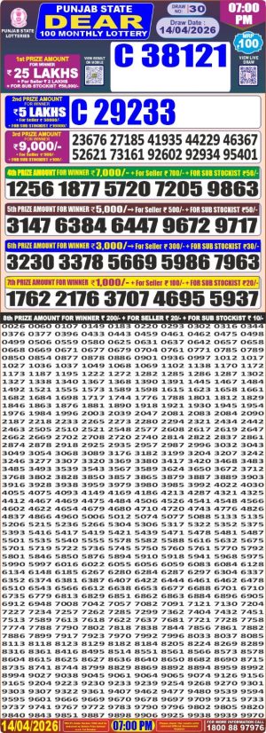 Punjab State Dear 100 Monthly Lottery Result