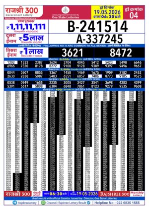 Rajshree 300 Monthly Lottery 6:30pm Result 19.05.2026 Today Lottery Sambad