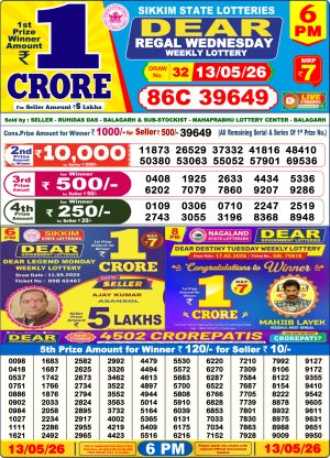 Sikkim State Lottery Dear Daily 6pm Result 13.05.2026 Today Lottery Sambad