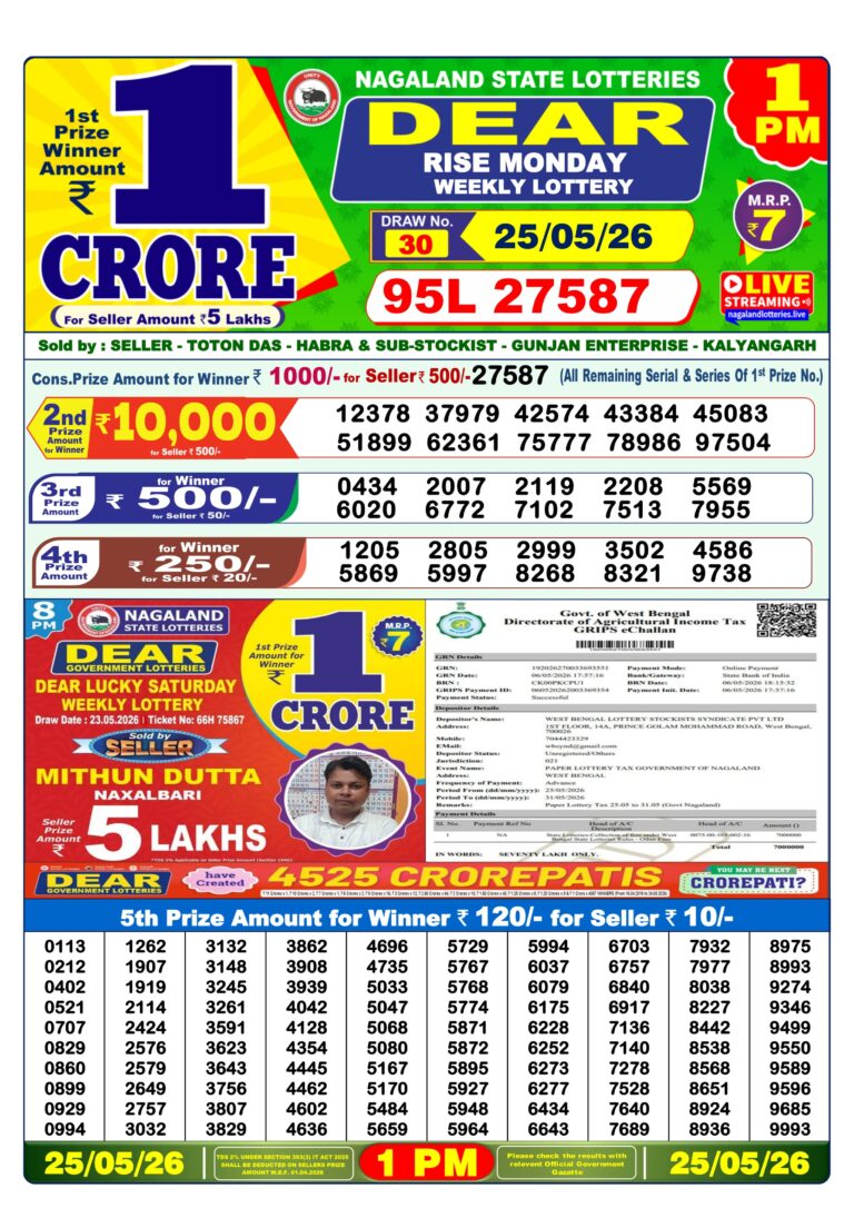 Nagaland State Lottery Dear 1pm Result 25.05.2026