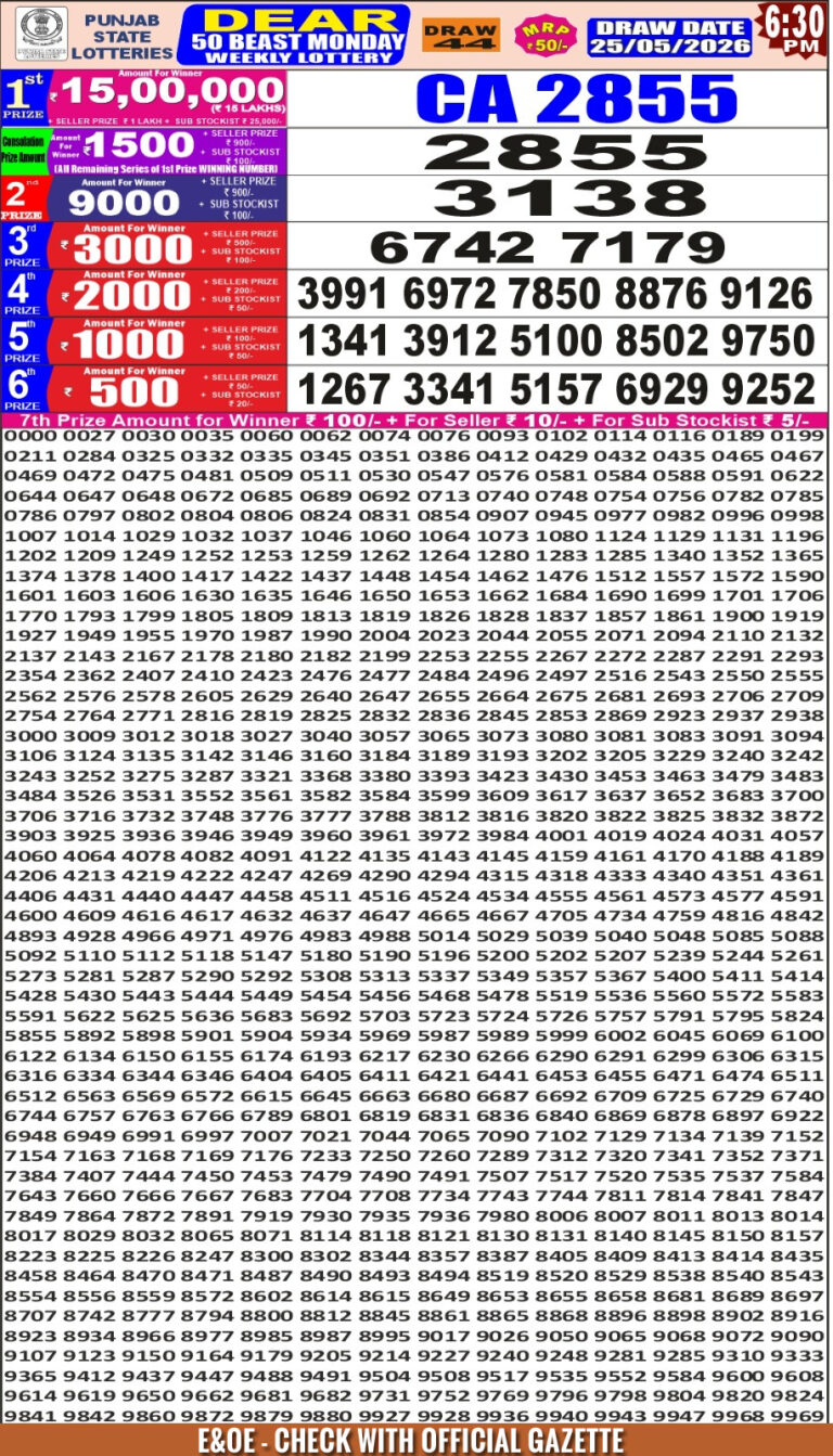 Punjab State Dear 50 Monday Weekly Lottery 6:30 PM Result 25.05.2026