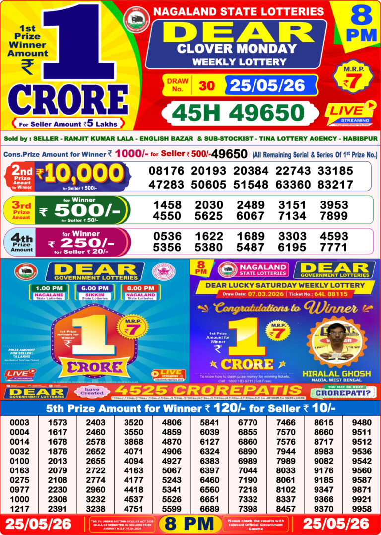 Nagaland State Lottery Dear Daily 8pm Result 25.05.2026