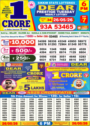 Sikkim State Lottery Dear Daily 6pm Result 26.05.2026 Today Lottery Sambad