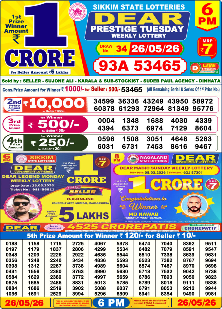 Sikkim State Lottery Dear Daily 6pm Result 26.05.2026