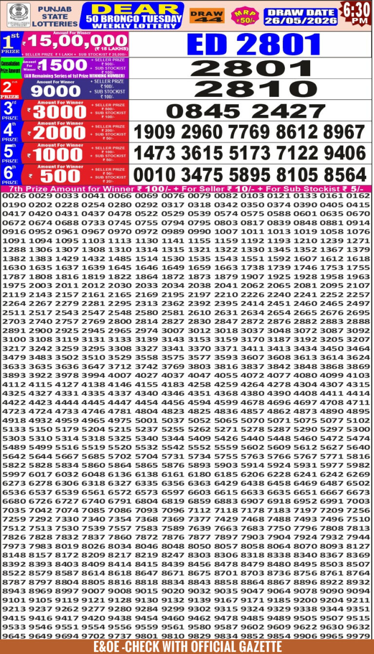 Punjab State Dear 50 Tuesday Weekly Lottery 6:30 PM Result 26.05.2026