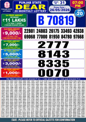 Punjab 20 Monthly 26.05.2026 Live Draw Tonight Today Lottery Sambad