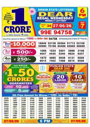 Sikkim State Lottery Dear Daily 6pm Result 27.05.2026 Today Lottery Sambad