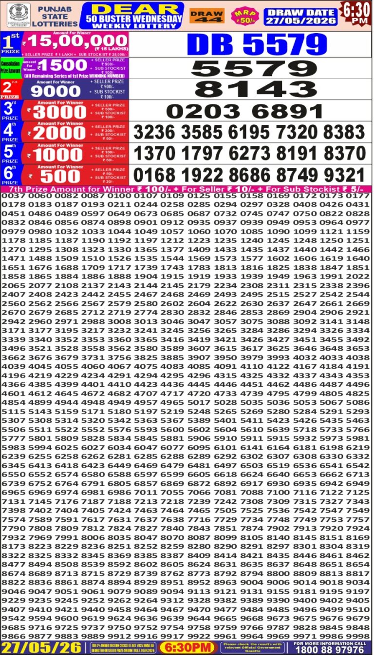 Punjab State Dear 50 Wednesday Weekly Lottery 6:30 PM Result 27.05.2026
