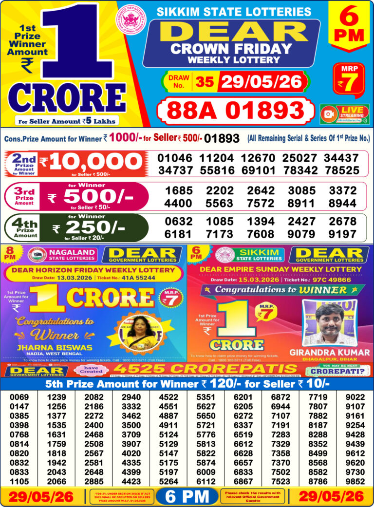Sikkim State Lottery Dear Daily 6pm Result 29.05.2026