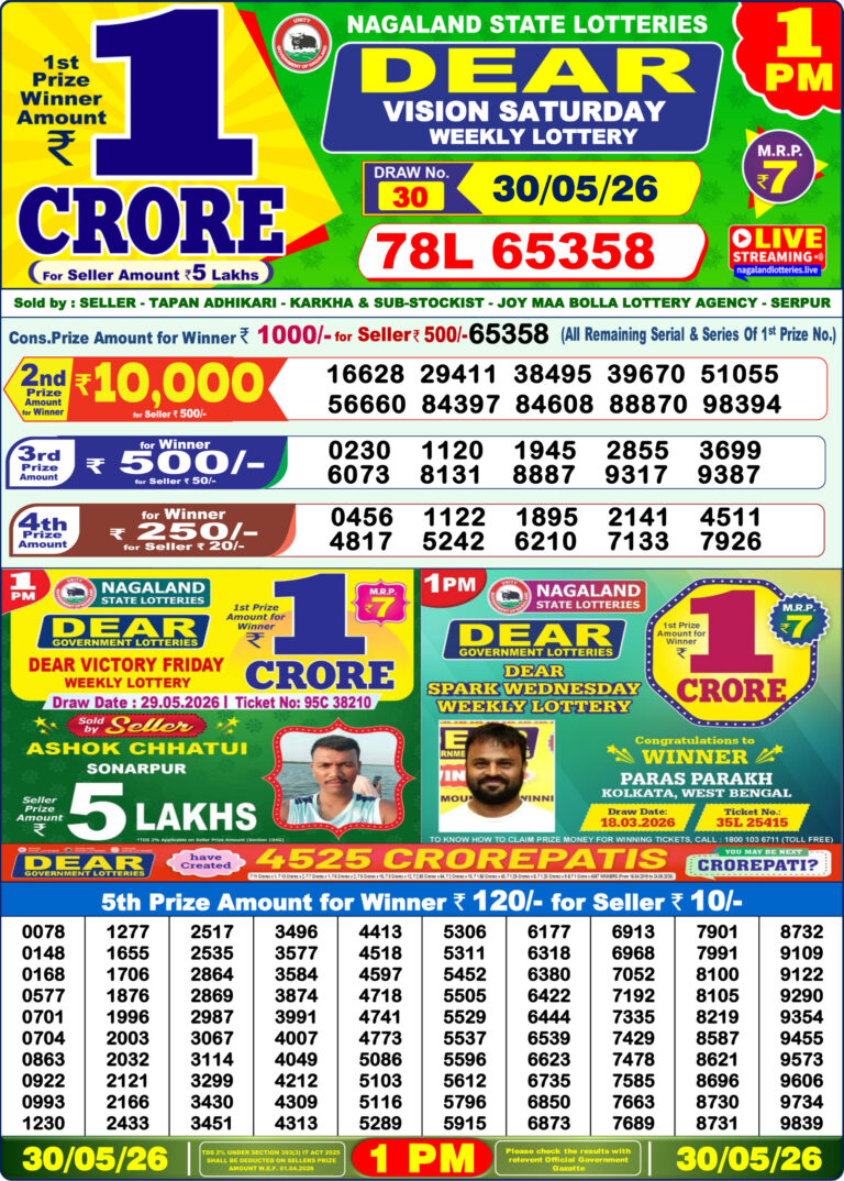 Nagaland State Lottery Dear 1pm Result 30.05.2026