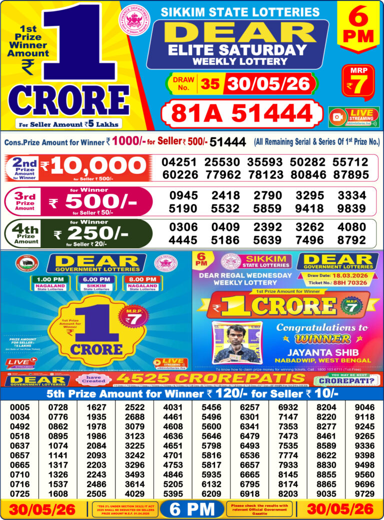 Sikkim State Lottery Dear Daily 6pm Result 30.05.2026