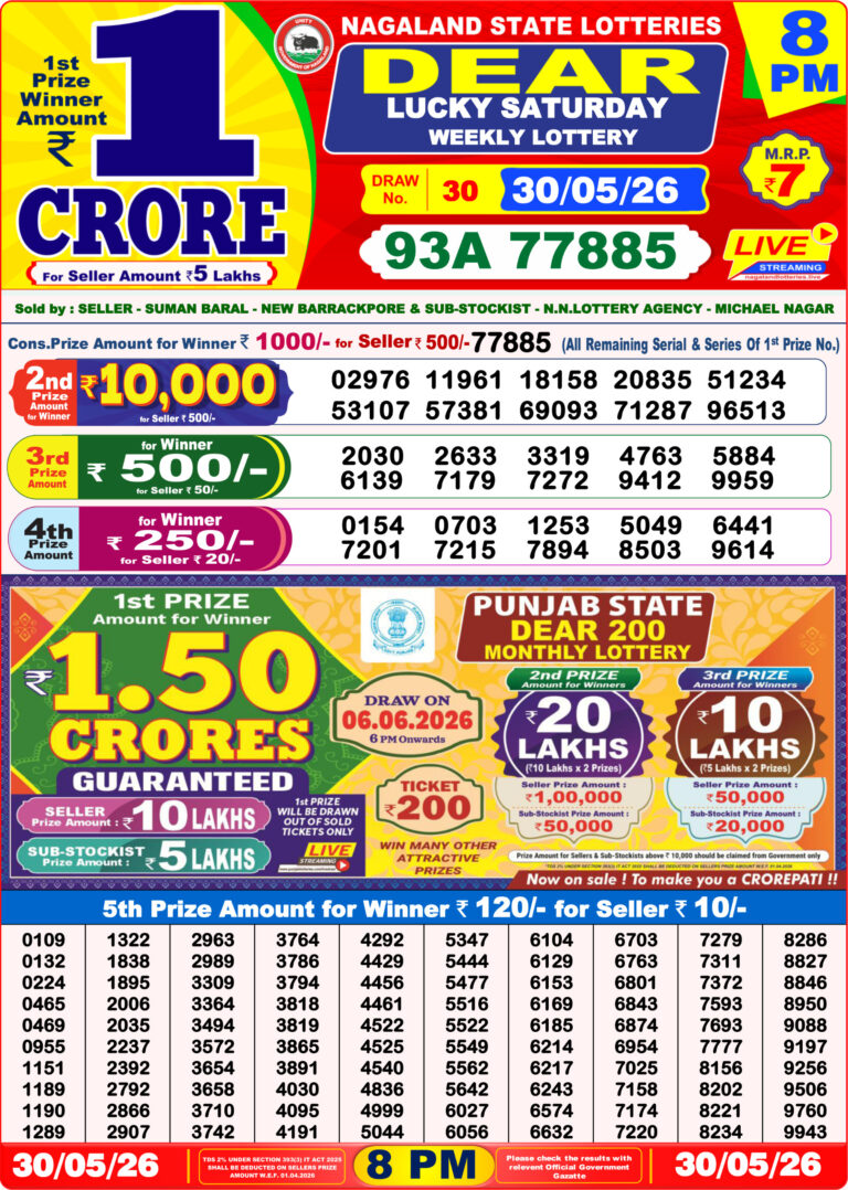 Nagaland State Lottery Dear Daily 8pm Result 30.05.2026