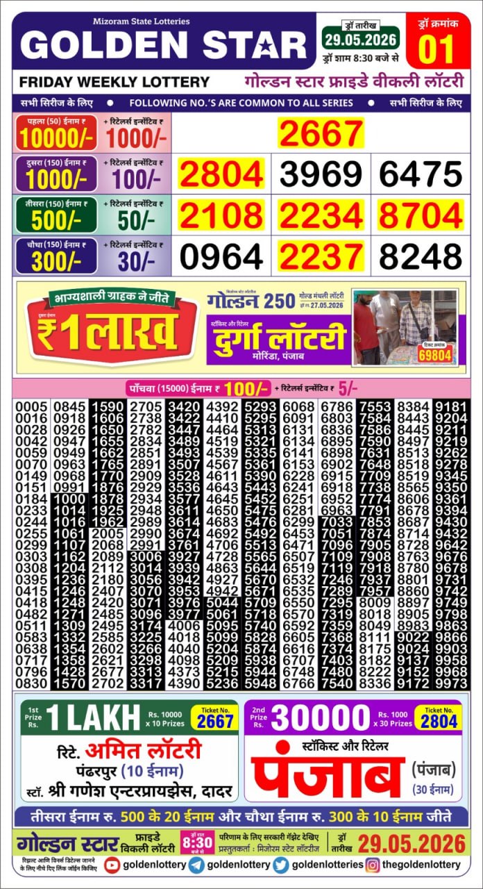 Golden Star Lottery Result Today 8:30PM 29.05.2026