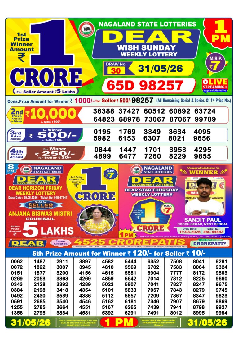 Nagaland State Lottery Dear 1pm Result 31.05.2026