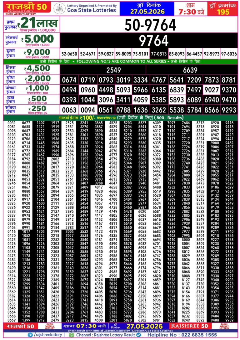 Goa State Lottery Rajshree 50 7:30pm Result 27.05.2026