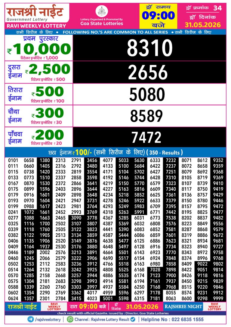 Rajshree Night Sunday Weekly Lottery 9pm Result 31.05.2026