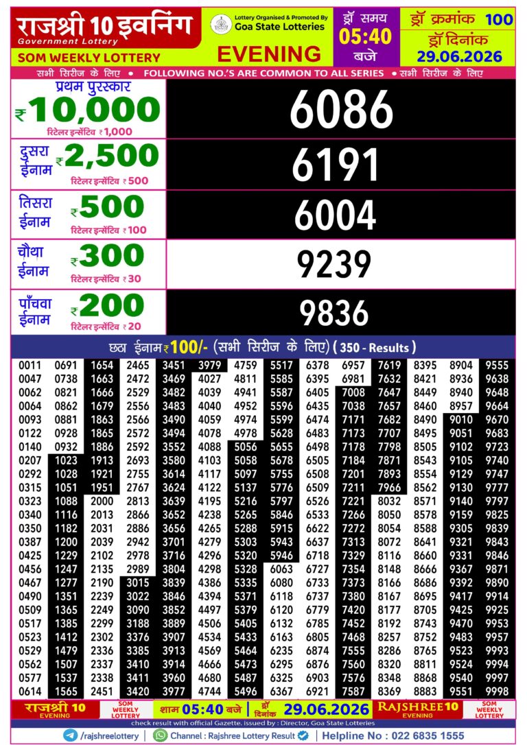 Goa State Lottery Rajshree 10 5:40pm Result 29.06.2026