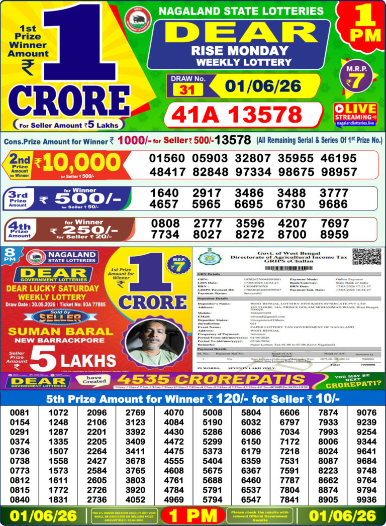 Nagaland State Lottery Dear 1pm Result 01.06.2026