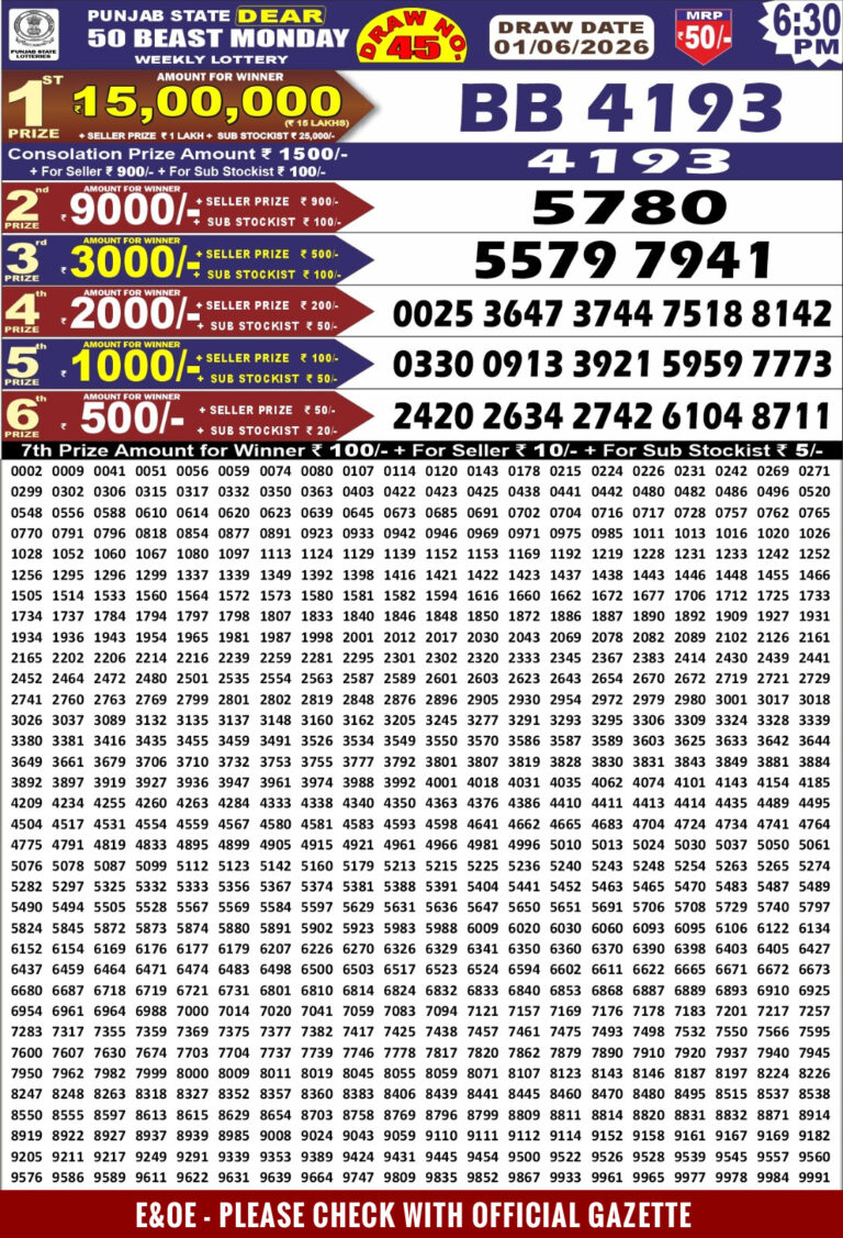 Punjab State Dear 50 Monday Weekly Lottery 6:30 PM Result 01.06.2026