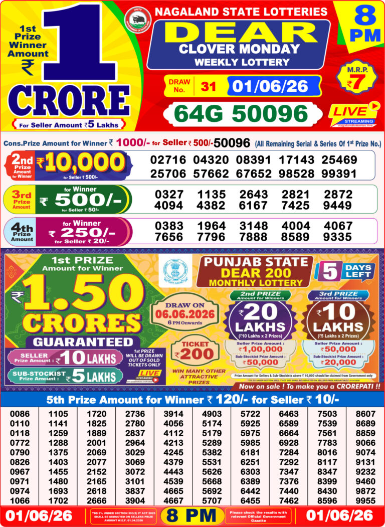 Nagaland State Lottery Dear Daily 8pm Result 01.06.2026