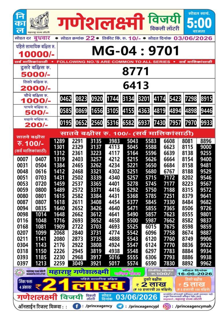Maharashtra Ganeshlaxmi Weekly Lottery Result 03.06.2026