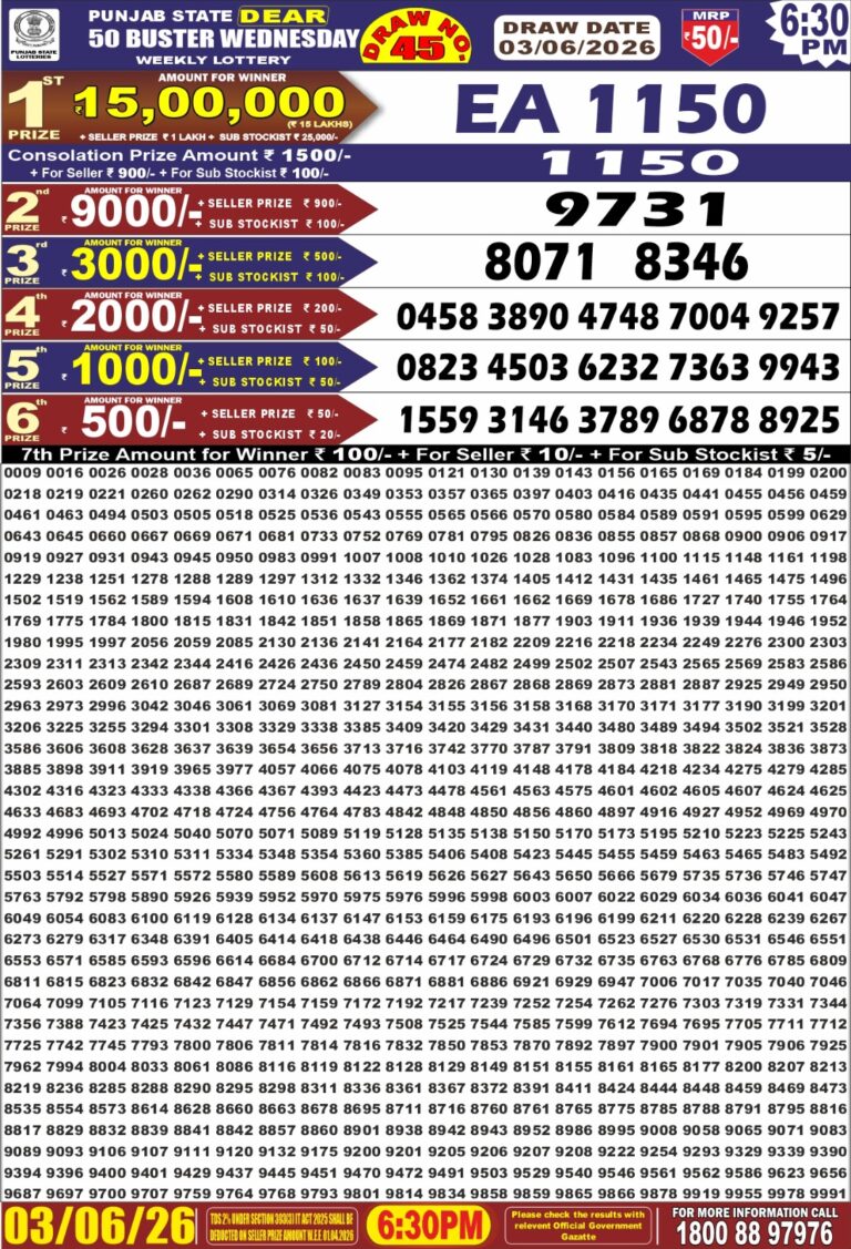Punjab State Dear 50 Wednesday Weekly Lottery 6:30 PM Result 03.06.2026