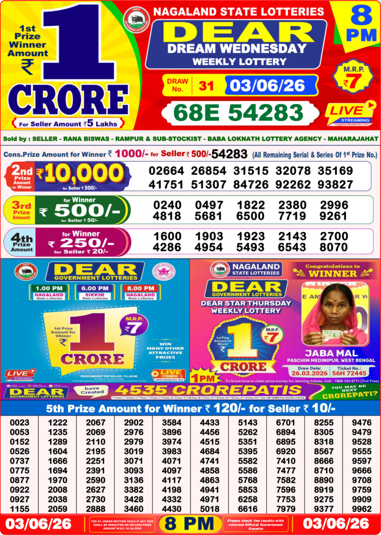 Nagaland State Lottery Dear Daily 8pm Result 03.06.2026