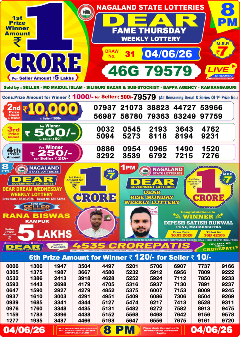 Nagaland State Lottery Dear Daily 8pm Result 04.06.2026