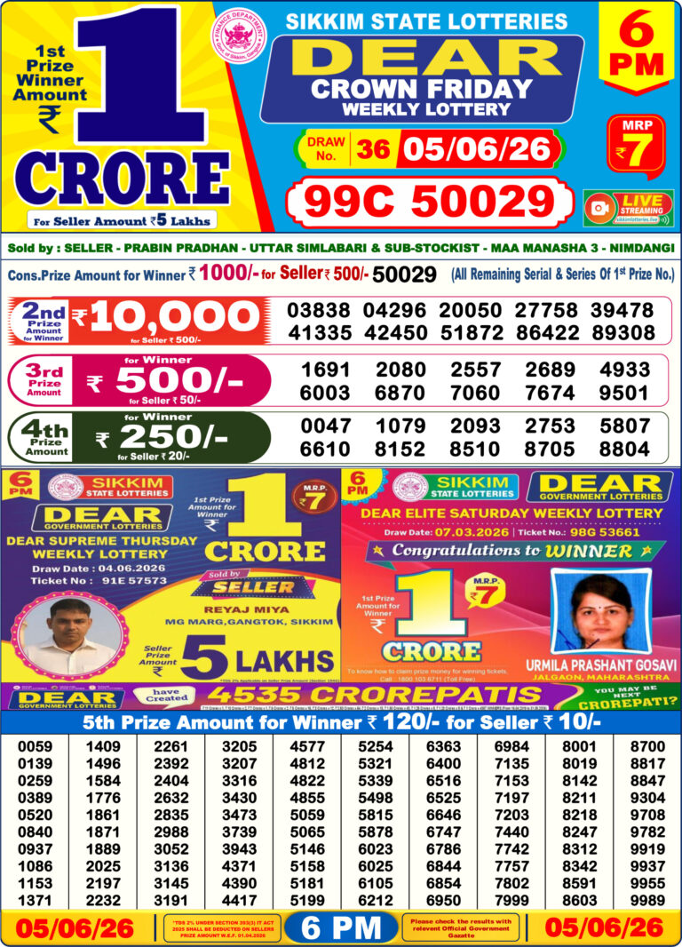 Sikkim State Lottery Dear Daily 6pm Result 05.06.2026