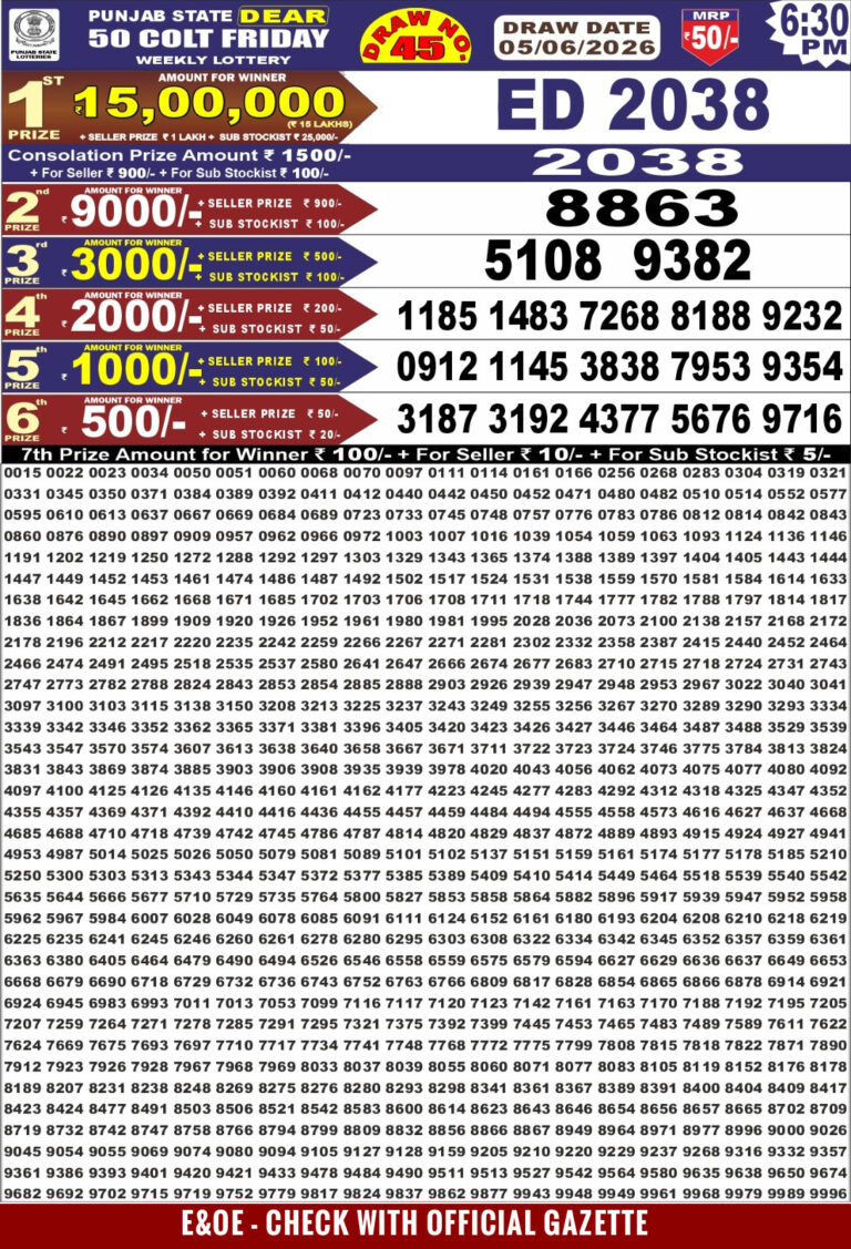 Punjab State Dear 50 Friday Weekly Lottery 6:30 PM Result 05.06.2026