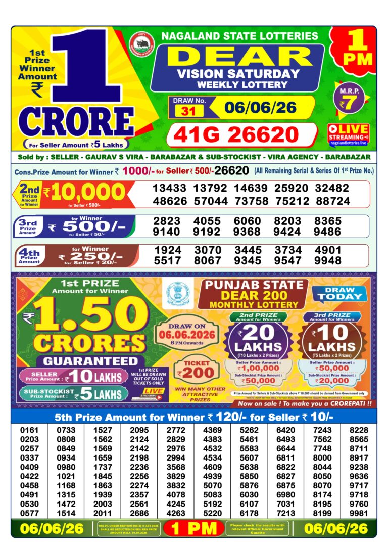 Nagaland State Lottery Dear 1pm Result 06.06.2026