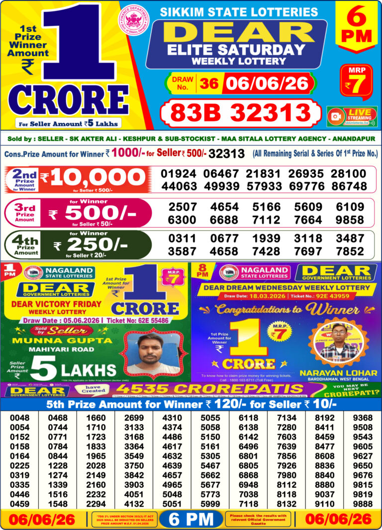 Sikkim State Lottery Dear Daily 6pm Result 06.06.2026