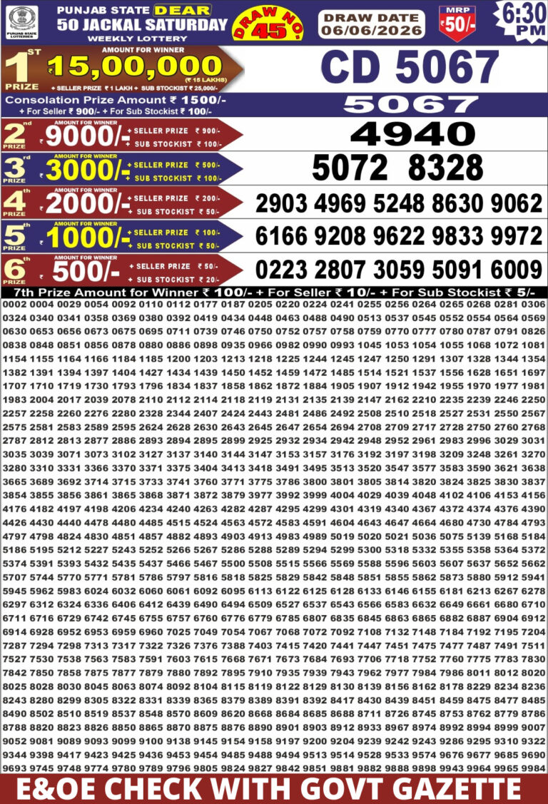 Punjab State Dear 50 Saturday Weekly Lottery 6:30 PM Result 06.06.2026