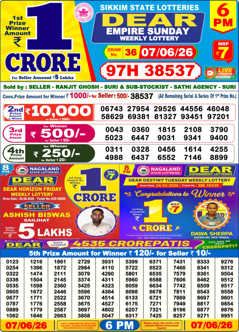Sikkim State Lottery Dear Daily 6pm Result 07.06.2026