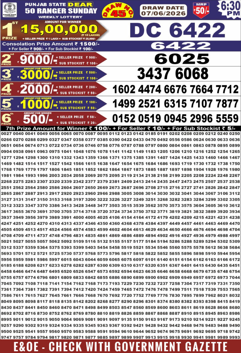 Punjab State Dear 50 Sunday Weekly Lottery 6:30 PM Result 07.06.2026