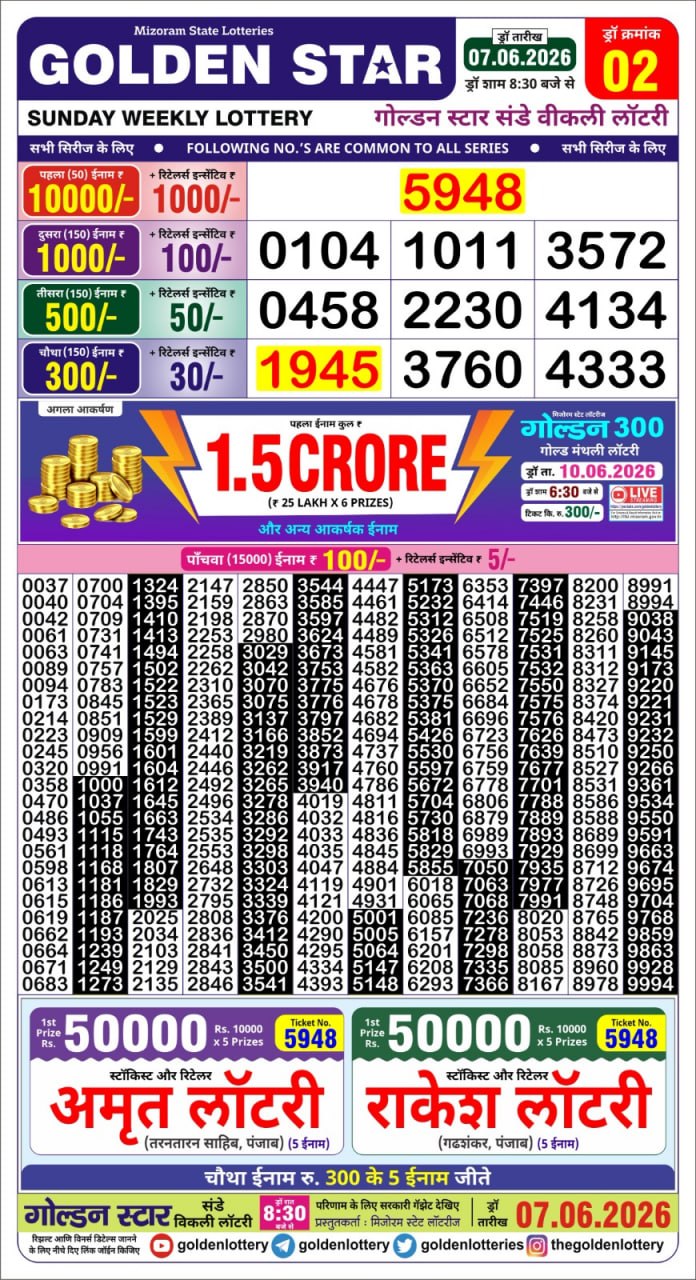 Golden Star Lottery Result Today 8:30PM 07.06.2026