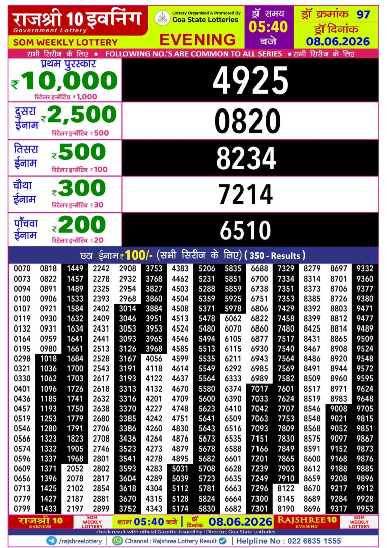 Goa State Lottery Rajshree 10 5:40pm Result 08.06.2026