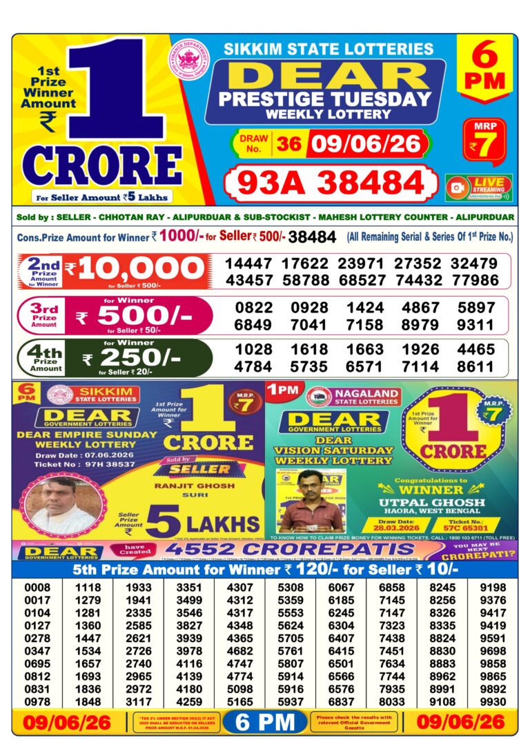 Sikkim State Lottery Dear Daily 6pm Result 09.06.2026