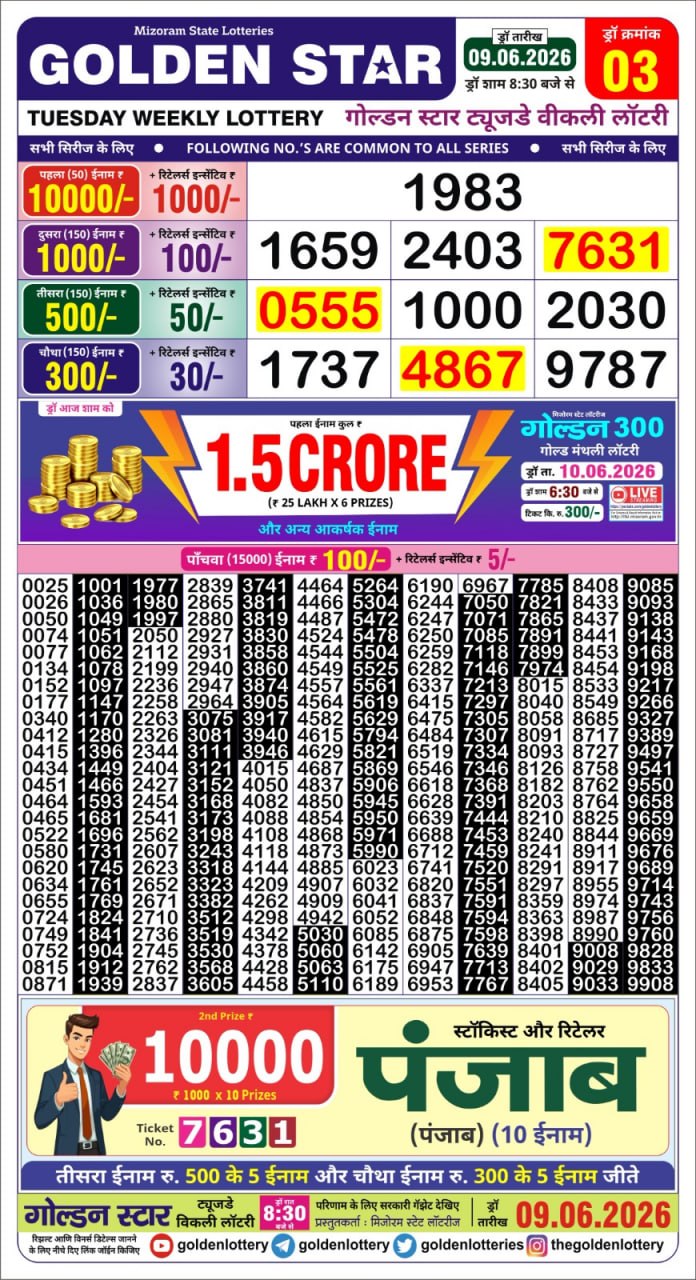 Golden Star Lottery Result Today 8:30PM 09.06.2026