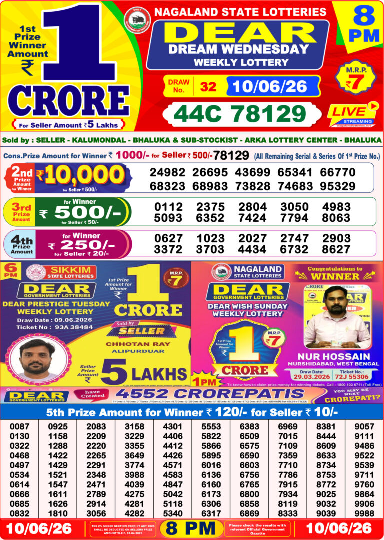 Nagaland State Lottery Dear Daily 8pm Result 10.06.2026