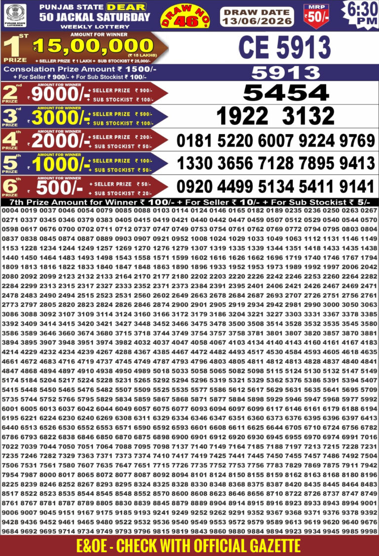 Punjab State Dear 50 Saturday Weekly Lottery 6:30 PM Result 13.06.2026