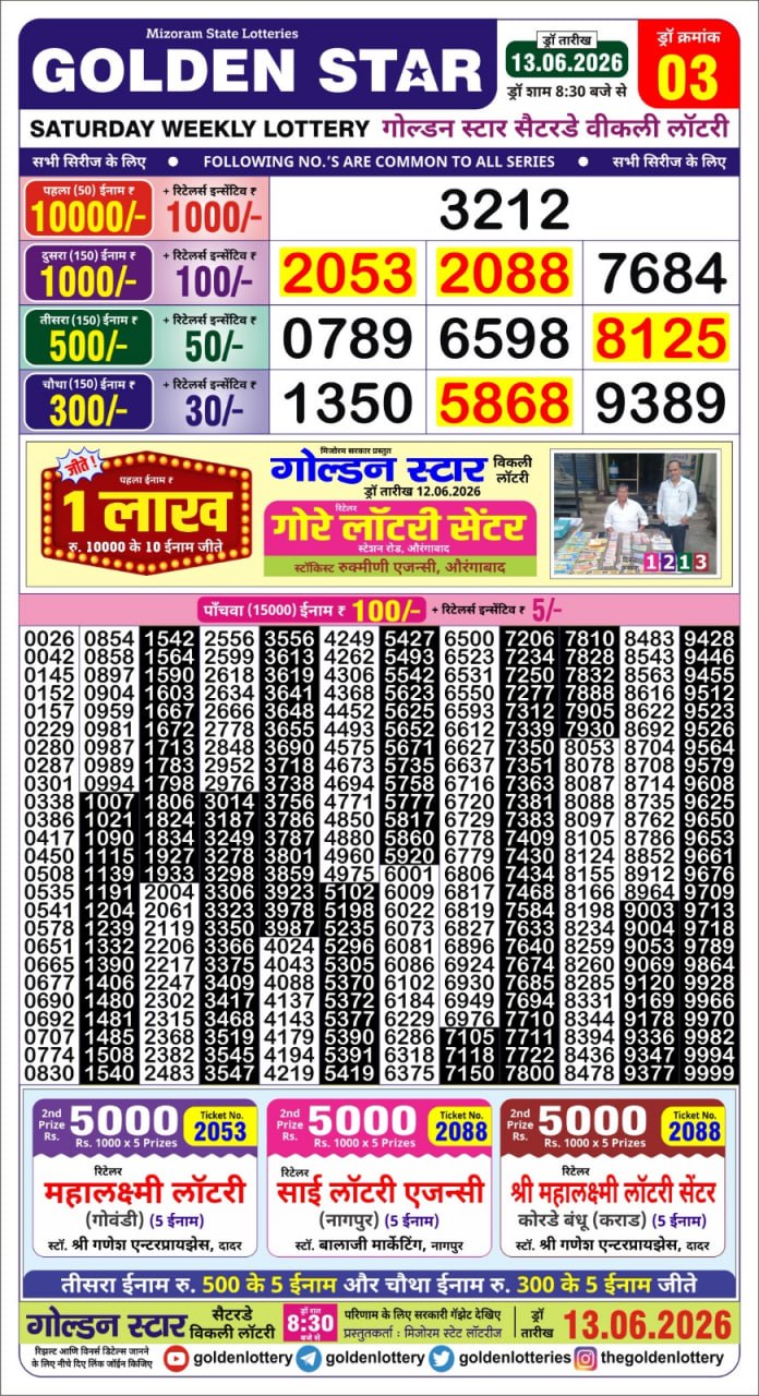 Golden Star Lottery Result Today 8:30PM 13.06.2026