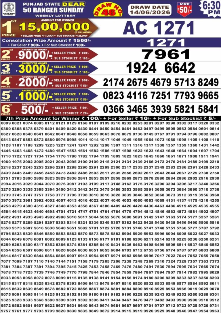 Punjab State Dear 50 Sunday Weekly Lottery 6:30 PM Result 14.06.2026
