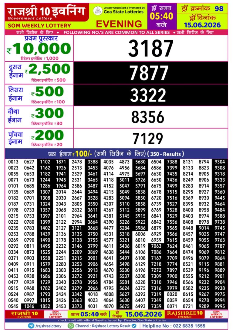 Goa State Lottery Rajshree 10 5:40pm Result 15.06.2026