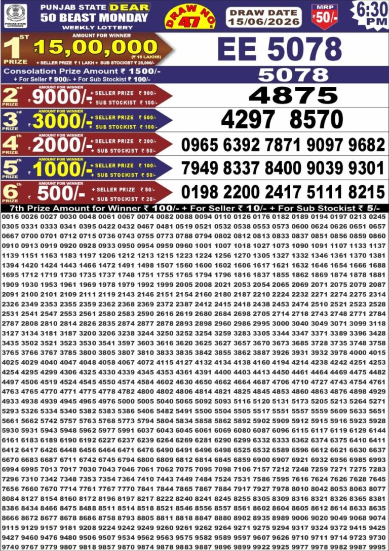 Punjab State Dear 50 Monday Weekly Lottery 6:30 PM Result 15.06.2026